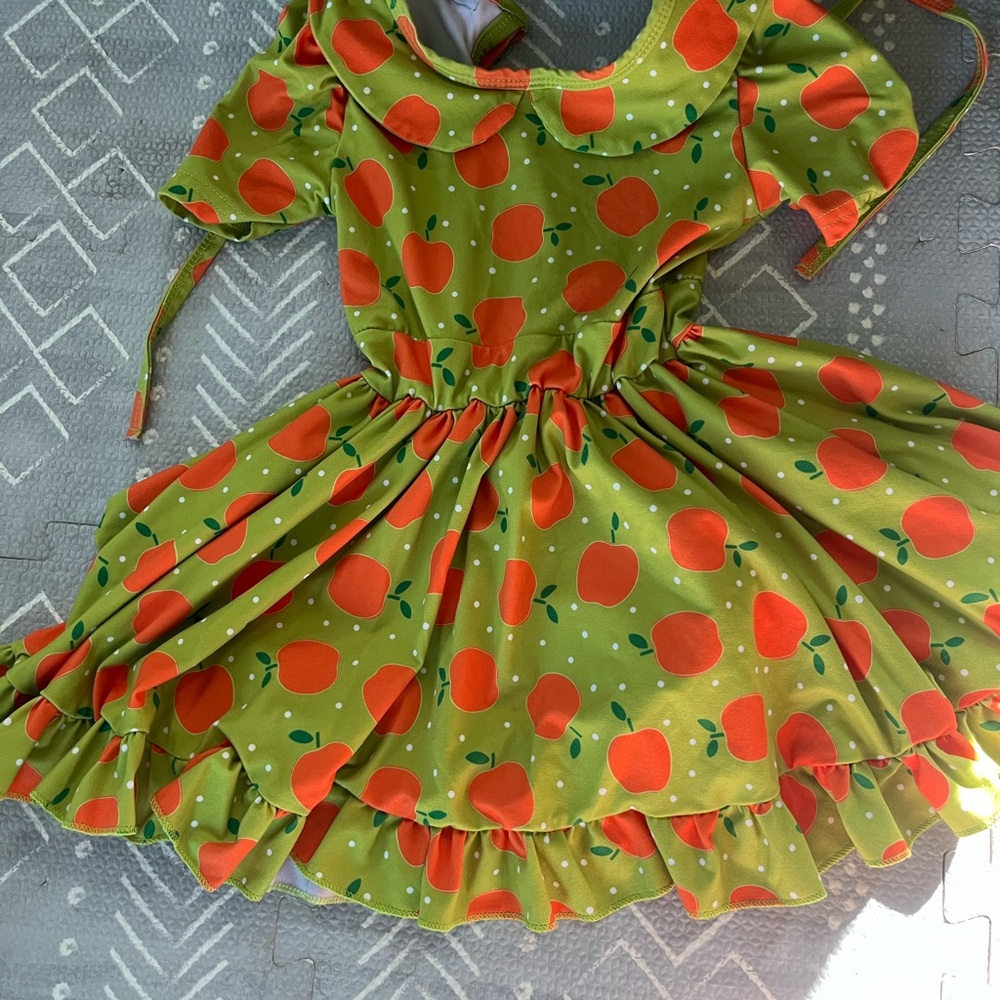 Green Dress with Orange Apple Print